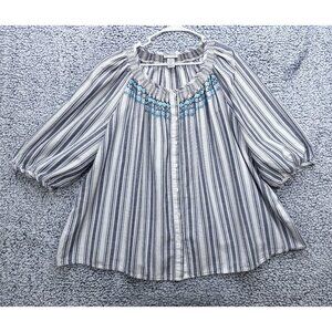 Catherines Boho Top Size 3X Button Up Southwestern Lightweight Striped Plus Blue